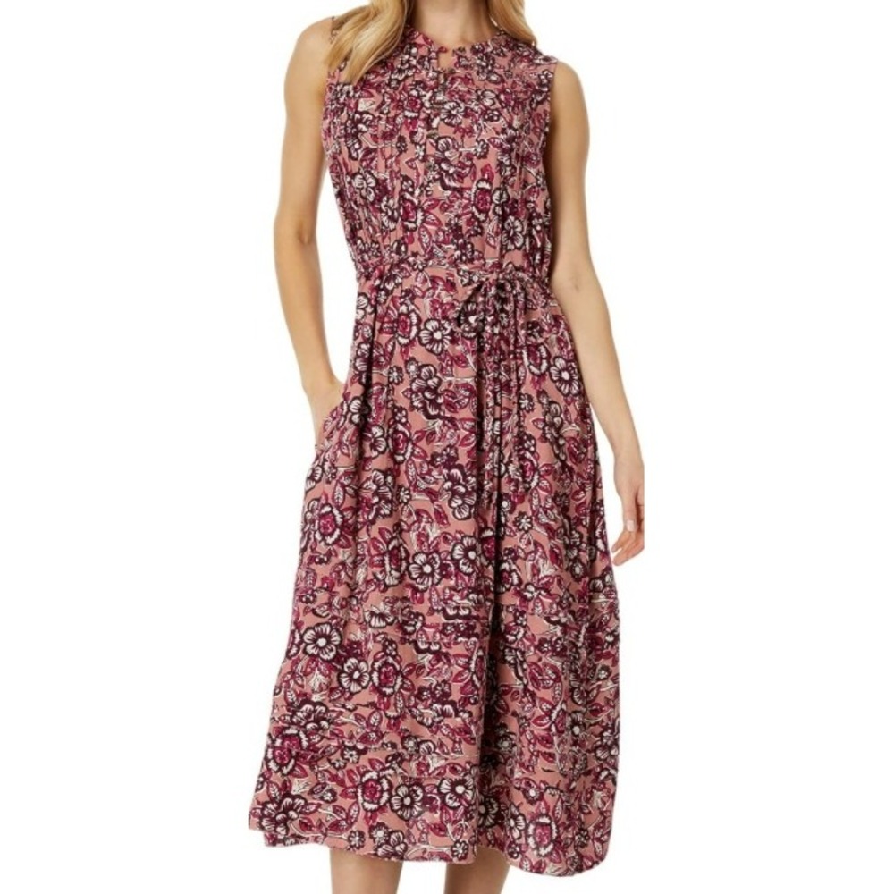 FAHERTY XS Rose Pink Linen Floral Isha Midi Dress Desert Bloom Sleeveless Pocket